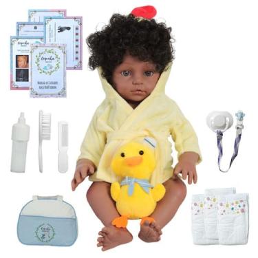 Imagem de Boneco Reborn Negro Silicone Saída de Banho + Pelúcia Pato - Cegonha R