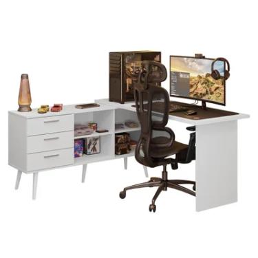 Imagem de Escrivaninha Em L Mesa Para Computador Gamer 3 Gavetas Branco Lisboa Madesa