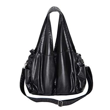 Imagem de Bigfanshu 2020 PU Luxury Bolsa feminina com alça superior bolsas de ombro femininas bolsa carteiro macia couro PU, Preto, 37X24X16
