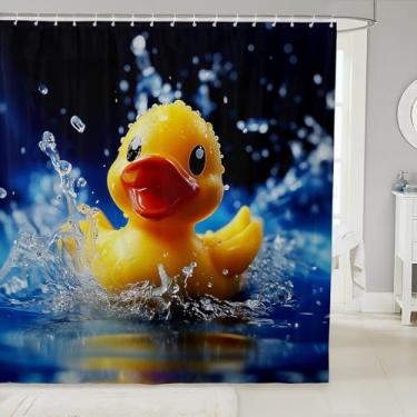 Imagem de Erosebridal Conjunto de cortina de chuveiro de pato de borracha amarela, linda cortina de banheiro de pato de natação para crianças, conjunto de banheiro com estampa de animal kawaii, presente para