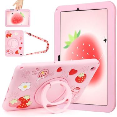 Imagem de HaOaMoEo Capa para Samsung Galaxy Tab A9 Plus 11 polegadas (SM-X210/X216/X218) linda capa de morango feminina menina criança alça giratória suporte e alça de ombro capa de silicone macio para Galaxy