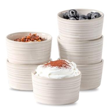 Imagem de Hasense Ramekins 170 g, Creme Brulee Ramekins de cerâmica seguro para forno, copos de creme suflê rústico para assar, mergulhar, molho, sobremesas, sorvete, conjunto de 6, branco com infusão de argila