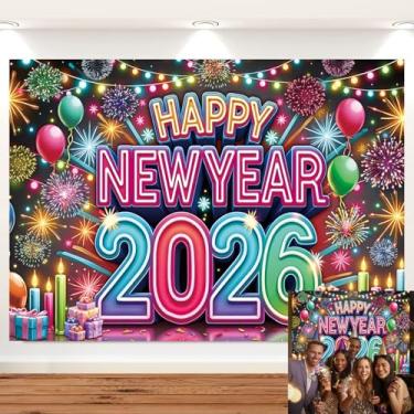 Imagem de Pano de fundo neon feliz ano novo 2026 balões coloridos de fogos de artifício véspera de ano novo fundo de fotografia Cheers to 2026 faixa de festa de fim de ano adereços de cabine de fotos 25,5 x 2,5