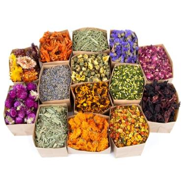 Imagem de Sukh Kit de ervas secas - botânicos secos a granel, 14 sacos de flores secas naturais e ervas para sabonete, vela, perfume, bombas de banho, suprimentos de fabricação de joias de resina, sachê de