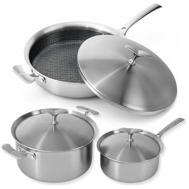 Imagem de Conjunto de panelas de cerâmica de aço inoxidável, 6 peças, conjunto de panelas e frigideiras antiaderentes, tampas de retorno a vapor, 5 camadas de indução não tóxica, seguro para forno, cozinha