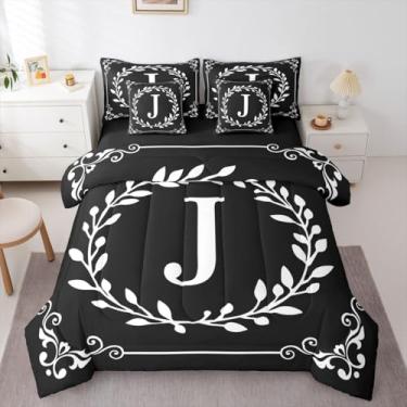 Imagem de Jogo de cama solteiro com letra J, 7 peças, preto e branco, boêmio, folhas florais, conjunto de edredom com lençóis, ramos minimalistas, presentes personalizados para mulheres e homens