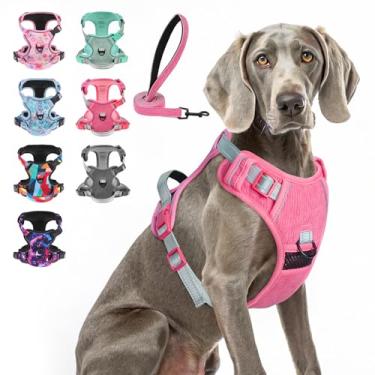 Imagem de BEAUTYZOO Peitoral para cães grande, ajustável e conjunto de coleira para cães – Fácil de usar com 3 fivelas/alça de controle, colete refletivo macio acolchoado para treinamento, caminhada, rosa, GG