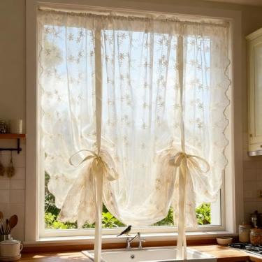 Imagem de YIPINXIU Cortina de balão bege romântica pequena floral de amarrar para cozinha cortina vitoriana cortina romana cortina vitoriana para janela pequena café varanda bolso para varão 1 painel (140 cm L