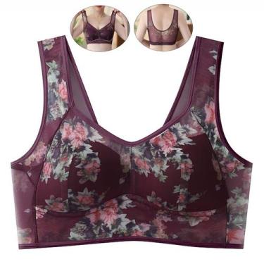 Imagem de Sutiã de camiseta FHTECO Floral Wine Red 8XL para mulheres mais velhas