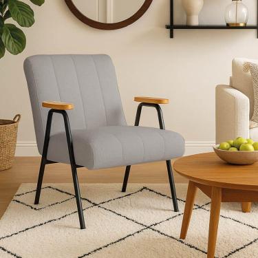 Imagem de Poltrona Sala Decorativa Industrial Preto Kit 2 Laurita Linho Cinza K01 - D'rossi