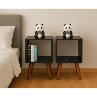 Imagem de Mesa de cabeceira quadrada com pernas vintage, 42x22 - conjunto de 2 peças com gavetas(preto)