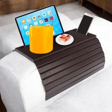 Imagem de Tribal Club Bandeja de braço de sofá de bambu, suporte de mesa para lanches, bebidas, controle remoto, copos, flexível e dobrável (marrom)