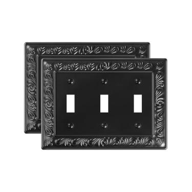 Imagem de TREEWELL Pacote com 2 placas de proteção para interruptor de luz tripla, capas decorativas de placa de interruptor com padrão paisley, placas de parede de metal pretas de 3 grupos, resistentes à