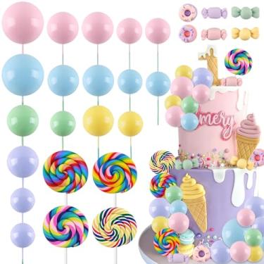 Imagem de ﻿Rismise Candy Cake Toppers Pick Candyland Cake Topper Lollipop Cake Cupcake Decorations Sweet One Cake Topper with Pastel Rainbow Ball Donut Bow for Sweet Candy Ice Cream Themed Birthday