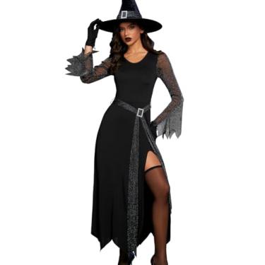 Imagem de EHSUYAB Fantasia feminina sexy de bruxa, 4 peças, chapéu, luva, cordão G, vestido maxi, fantasias de Halloween, roupas para cosplay, preto, grande