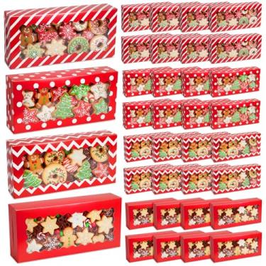 Imagem de TecUnite 48 caixas de biscoito de Natal com janela a granel 32 cm x 14 cm x 6,3 cm caixa de padaria para festas de fim de ano recipientes de doces de bolinhas vermelhas e brancas para comida, brownies