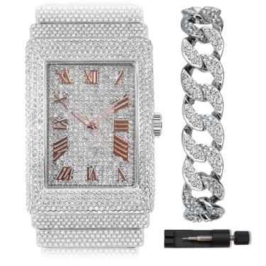 Imagem de ICEDTAG Relógio masculino com mostrador retangular com diamante dourado e prata e gelo, conjunto de pulseiras de celebridades hip hop de luxo Cuban Link, Ouro branco I (relógio e pulseira), Large