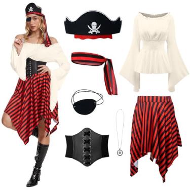Imagem de Fantasia de pirata feminina renascentista camisa listrada saia bandana espartilho cintura olho patch conjunto de cinto pingente (bege, 2GG)
