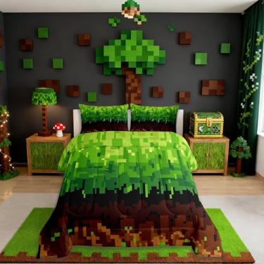 Imagem de Sandbox Conjunto de cama infantil pixelado, tamanho king, patchwork, videogame, mineiros, treliça, simples, edredom para quarto, marrom e verde, 2 fronhas