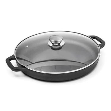 Imagem de Firequasar Forma de pizza de ferro fundido, grelha redonda com tampa (panela com tampa 25,4 cm)