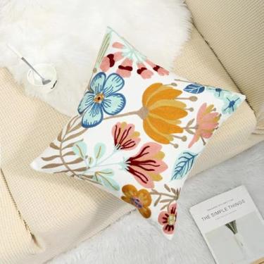 Imagem de Capa de almofada bordada de 45,7 cm x 45,7 cm, lona de algodão, flores pastorais, decorativas, capa de almofada quadrada para sofá de quarto