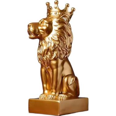 Imagem de Estátua decorativa dourada do Rei Leão com coroa de resina de 38 cm de altura, decoração de interiores