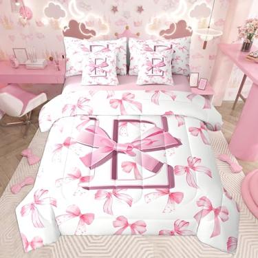 Imagem de jejeloiu Conjunto de edredom com laço rosa fofo com lençol de solteiro, monograma, 7 peças, com inicial E personalizada, em uma bolsa com edredom, lençóis, fronhas, laço coquete, moda moderna