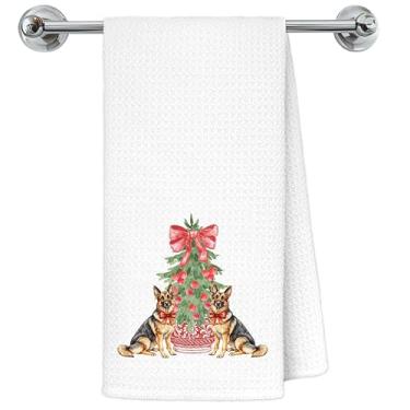 Imagem de Exqcom Toalhas de cozinha de pastor alemão de Natal chinoiserie vermelha, presentes de pastor alemão, toalhas de chá para decoração de cozinha, arco grandmillennial, toalha de mão de cachorro para