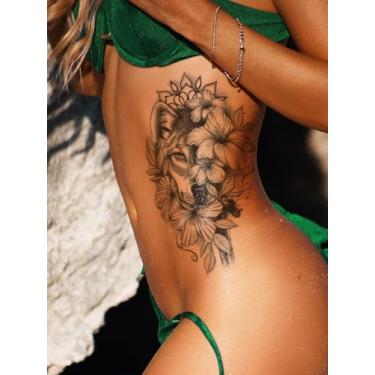 Imagem de 2 peças, estampa floral de lobo, preto, para presente de festa, braçadeira, lombar, braço, perna, ombro, pescoço, temporária, impermeável, adesivo de tatuagem