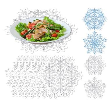 Imagem de 24 peças de jogo americano descartáveis de floco de neve com tema de Natal de inverno, perfeitos para feriados, festas, cozinhas domésticas e decoração de mesa, azul e branco, 2 designs