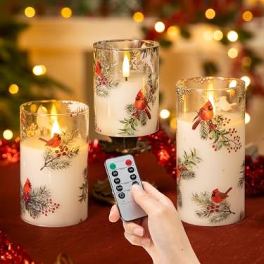 Imagem de LUSHARBOR LUSHABOR Velas de Natal sem chama, pacote com 3 velas operadas por bateria para decoração de cornija de Natal, velas cintilantes de LED de vidro para casa festa de Natal D3 H4 12,7 cm 15,2