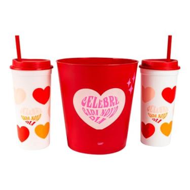 Imagem de Conjunto de Copos e Balde para Pipoca, Decoração Corações, Vermelho e Branco, Kit com 3 Peças, Tema Romântico