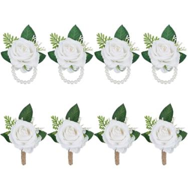 Imagem de CUTHOLLOW Conjunto de 4 pares de pulseiras de corsage e flor na lapela, flores artificiais românticas, acessórios para casamento, noivos, formaturas, homens, mulheres, convidadas