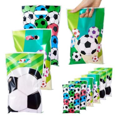 Imagem de Handship 30 peças de sacos de plástico para doces de futebol, sacolas de lembrancinhas de festa, cor mista, retangular, para guardar presentes, com alças para petiscos, biscoitos, equipes
