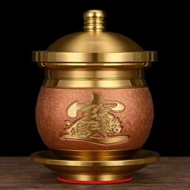 Imagem de FENNYYAR Copo de água benta frontal de Buda de cobre puro Bodhisattva doméstico, 8 cm, copo de purificação de água, ornamento de Deus da Riqueza