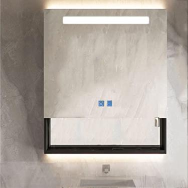 Imagem de SPXMQSS Armário com espelho de LED, armários de banheiro espelhados, desembaçamento inteligente com prateleiras, armários de parede de banheiro com iluminação contínua para cima e para baixo, unidades