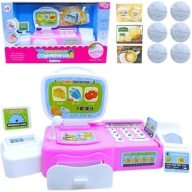 Imagem de Caixa Registradora com Som, 12 Peças, Inclui Alimentos, Dinheiro Fictício, Leitor de Código de Barras, Cesta de Compras, Plástico, para Crianças a partir de 3 Anos