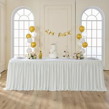Imagem de Saia de mesa de poliéster marfim de 396 cm para mesas retangulares de 2,4 m (capa frontal), saias de mesa de pano creme com babados sem rugas, 4 m, para festa de casamento, chá de bebê, bolo