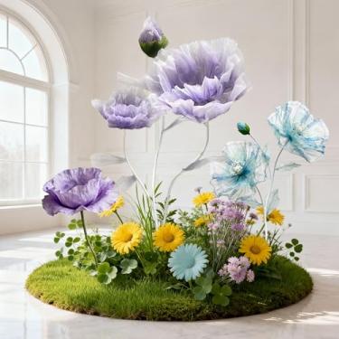 Imagem de Decoração de flores de seda artificial, flores gigantes de 1,5 m para decoração de fundo de casamento, grande vitrine de loja, adereços de fotografia, enorme flor falsa com hastes e base em pé (roxo)