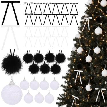 Imagem de Poen 64 peças de enfeites de Natal, 16 bolas de Natal e 48 laços de árvore de veludo, enfeites de bola de Natal de 6,9 cm, laço de guirlanda vintage para festa de Natal, árvore e suprimentos