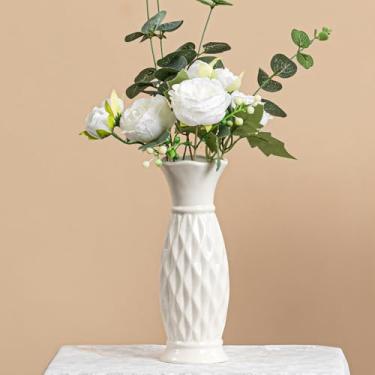 Imagem de ChifonCyan Vaso de cerâmica branca com textura de diamante – Vaso de flores exclusivo de 21 cm para grama dos pampas e centros de mesa, vaso decorativo boho/fazenda para sala de estar, mesa de
