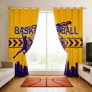 Imagem de Cortina de janela de basquete, atleta de basquete, esportes modernos, amarelas, roxas, cortinas para adultos, adolescentes, silhueta da cidade americana, Los Angeles, cortinas de janela de 2 painéis