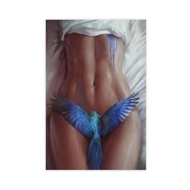 Imagem de Presente personalizado, arte de parede de menina nua, mulher nua com estampa de pássaro azul, tapeçarias de parede sexy, pôster de tela de quarto sem moldura 30 x 45 cm