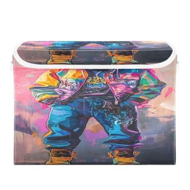 Imagem de CEBUGI Caixotes de armazenamento com tampas, caixa de armazenamento de tecido dobrável Streetwear Caixotes organizadores de cubo para armário de casa prateleiras de quarto 16,5 x 12,6 x 11,8 polegadas