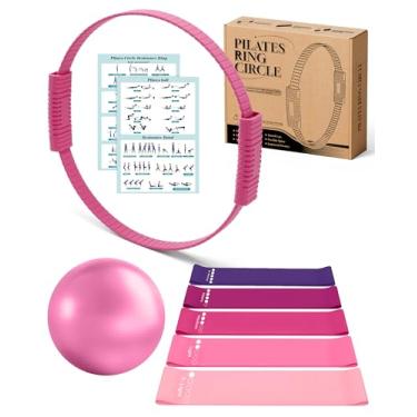 Imagem de Conjunto de anéis de pilates, kit de pilates para mulheres, conjunto de anel e bola de pilates, círculo mágico, argola com 5 faixas de resistência compactas tonificação fitness Essentials conjunto