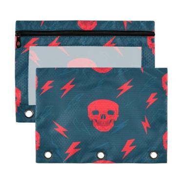 Imagem de Wassud Bolsa de lápis para fichário de 3 anéis, caveiras vermelhas e bolsas com zíper relâmpago, serve para fichários padrão para escritório, pacote com 2