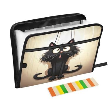 Imagem de Wassud Organizador de arquivos sanfonado de gato preto assustado com 13 bolsos, pastas expansíveis com abas e adesivos, organizador de pastas de documentos de recibo de papel tamanho carta A4 para