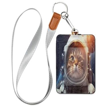 Imagem de Wassud Cordões de couro PU de gato astronauta para crachás de identificação, porta-chaves, porta-crachás, cartões de crédito para escritórios, funcionários, estudantes, funcionários