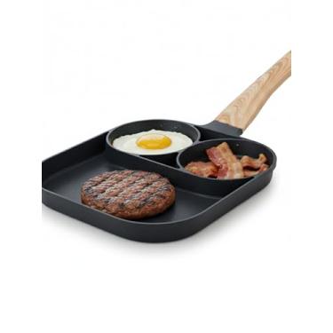 Imagem de Frigideira Multifuncional 3 em 1, Antiaderente com Cabo de Madeira, Divisórias para Ovos, Bacon e Hambúrguer, Compatível com Todos os Fogões, Preta