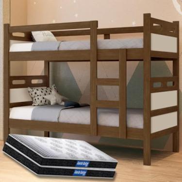 Imagem de Beliche Solteiro Barreto Lonçarcci, com 2 colchões Probel Guarda-Costas D20, Kit Premium Conforto+, Versátil Vira 2 Camas (Legno/Off-white)